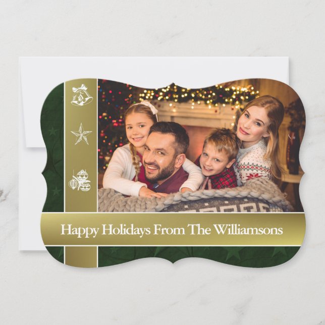 Gold Bands Surround Family Photo Fancy Cut Holiday Card (Front)