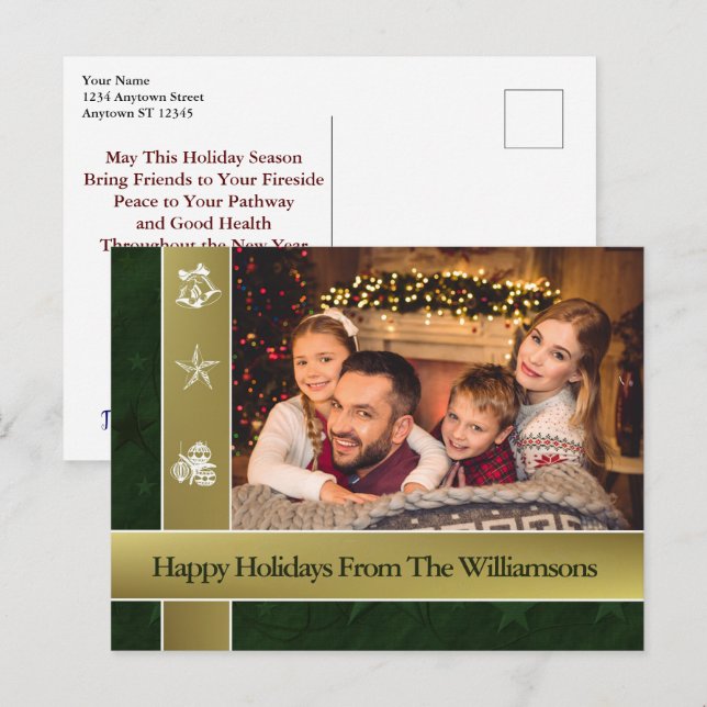 Gold Bands Surround Family Photo Happy Holidays Postcard (Front/Back)