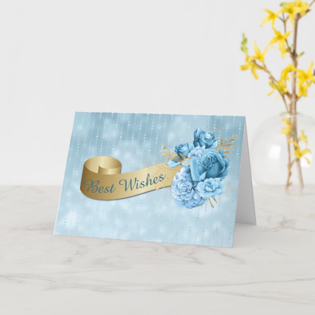 Gold Banner with Blue Flowers Wedding  Card (Yellow Flower)