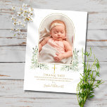 Gold Baptism Christening Greenery Arch Photo Thank You Card<br><div class="desc">Gold signature baptism christening photo thank you card. Personalise with your photo and special baptism,  christening thank you message in chic gold lettering on this modern elegant design featuring an elegant gold arch and watercolor greenery foliage. Designed by Thisisnotme©</div>