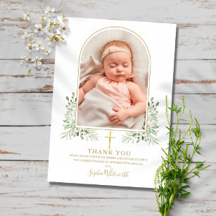 Gold Baptism Christening Greenery Arch Photo Thank You Card