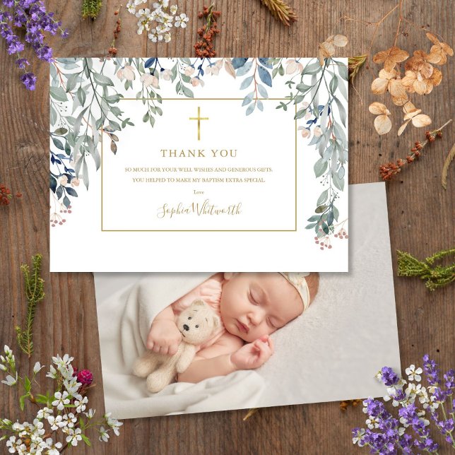 Gold Baptism Christening Photo Foliage Gold Thank You Card (Gold Baptism Christening Photo Foliage Gold Thank You Card)