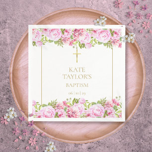 Gold Baptism Christening Pink Roses Floral Napkin