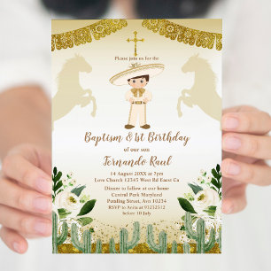 Gold Baptism First Birthday Mexican Floral Invitation