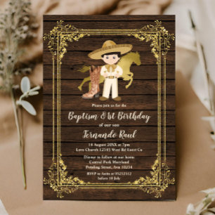 Gold Baptism First Birthday Mexican Rustic Wood Invitation
