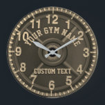 Gold Bar Bell Custom Gym Clock<br><div class="desc">Custom gym clock featuring a weightlifting barbell weight. Personalise the text to make a great gift for your gym, athletic program, personal training business or more. Or, make a fun custom gift for someone. This is a great gift for athletes, trainers, coaches, sports programs and more. However, it can also...</div>