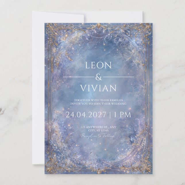 Gold Baroque Celestial Icy Blue Winter Wedding Invitation (Front)