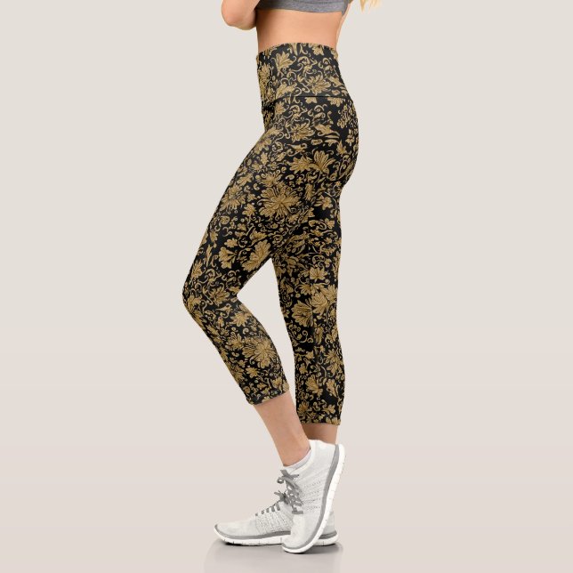 Gold Baroque Floral Allover on Black Capri Leggings (Left)