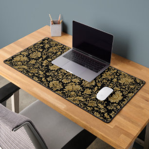 Gold Baroque Floral Allover on Black Desk Mat
