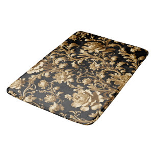 Gold Baroque Floral Black Bathroom Bath Mat