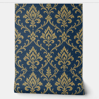Gold Baroque Floral Dark Blue Wallpaper