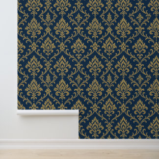 Gold Baroque Floral Dark Blue Wallpaper