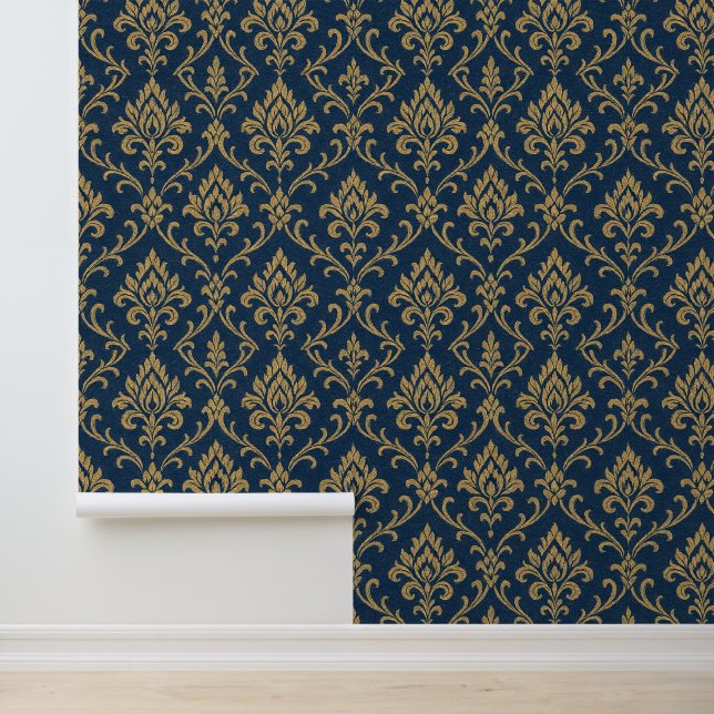 Gold Baroque Floral Dark Blue Wallpaper (Application)