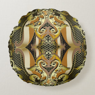 Gold Baroque luxury 3d vintage seamless pattern. L Round Cushion