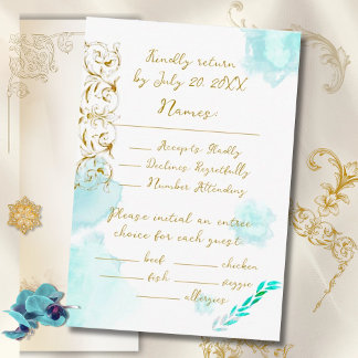 Gold Baroque Teal Vintage Calligraphy Wedding RSVP Card