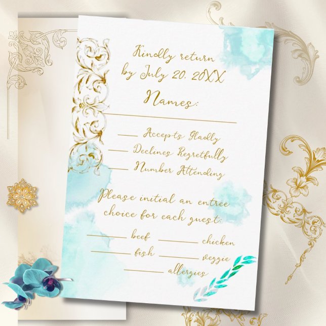 Gold Baroque Teal Vintage Calligraphy Wedding RSVP Card (Creator Uploaded)