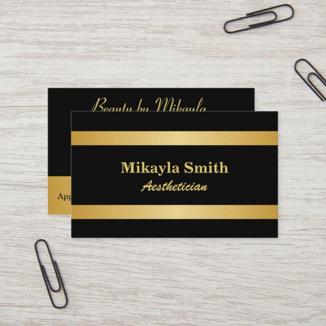Gold Bars on Black Minimalist Beauty Business Card (Front/Back In Situ)