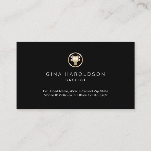 Gold Bass Headstock Icon Bassist Musician Business Card (Front)