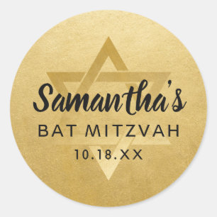 Gold Bat Mitzvah Bar Mitzvah Star of David Name Classic Round Sticker