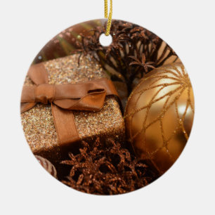 Gold Bauble and Christmas Present Ceramic Tree Decoration