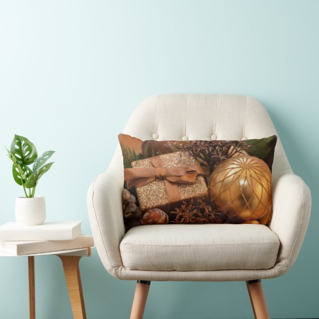 Gold Bauble and Christmas Present Lumbar Cushion (Chair)