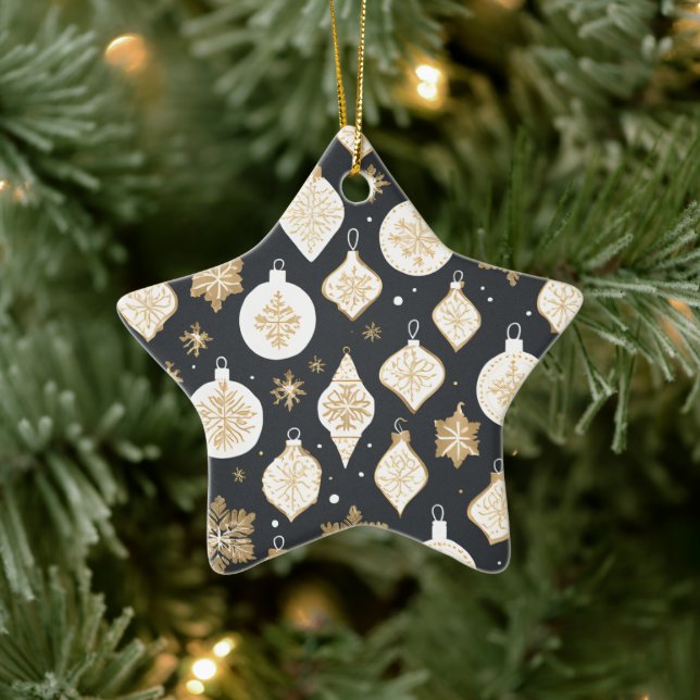 Gold Bauble Design Black background Ceramic Ornament (Tree)
