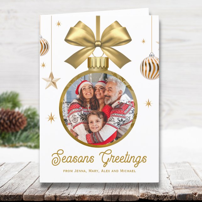 Gold Bauble Family Photo  Holiday Card (Elegant Folded Card with a Gold Bauble graphic customised with a family photo inside and custom text)