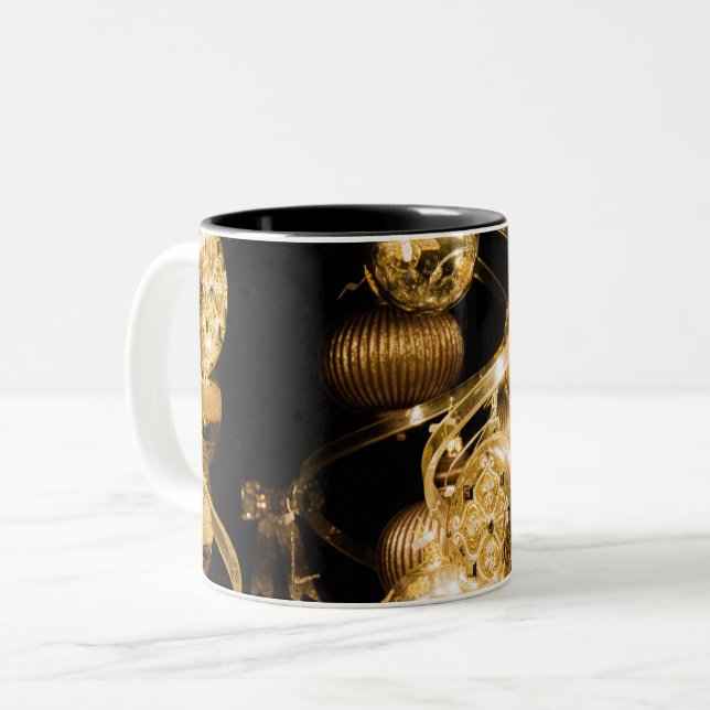 Gold Baubles and Spiral Pattern Two-Tone Coffee Mug (Front Left)