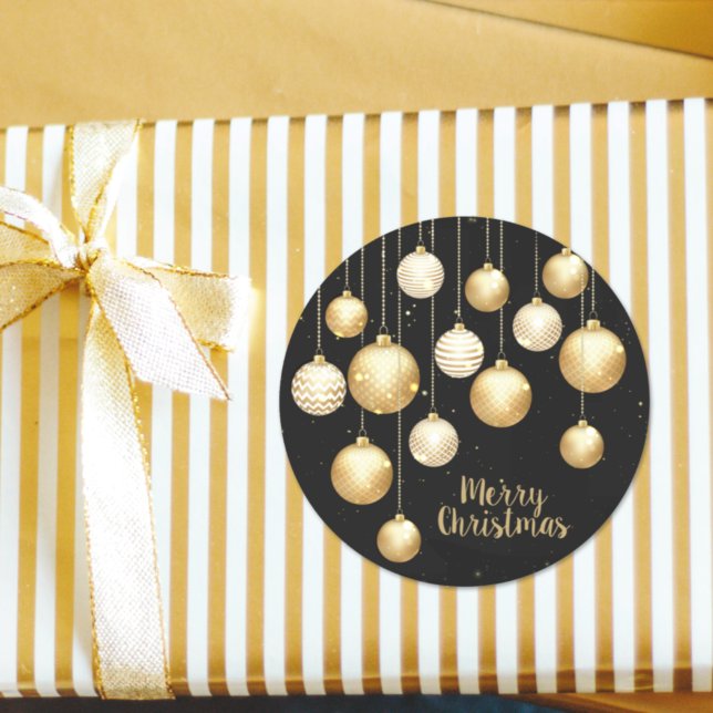 Gold Baubles Christmas Ornaments on Black Classic Round Sticker (Creator Uploaded)