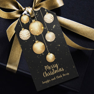 Gold Baubles Christmas Ornaments on Black Favour Gift Tags