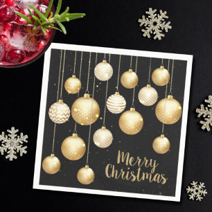 Gold Baubles Christmas Ornaments on Black Party Napkin
