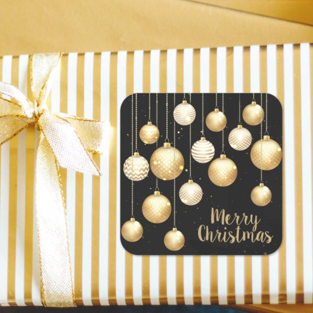 Gold Baubles Christmas Ornaments on Black Square Sticker (Creator Uploaded)