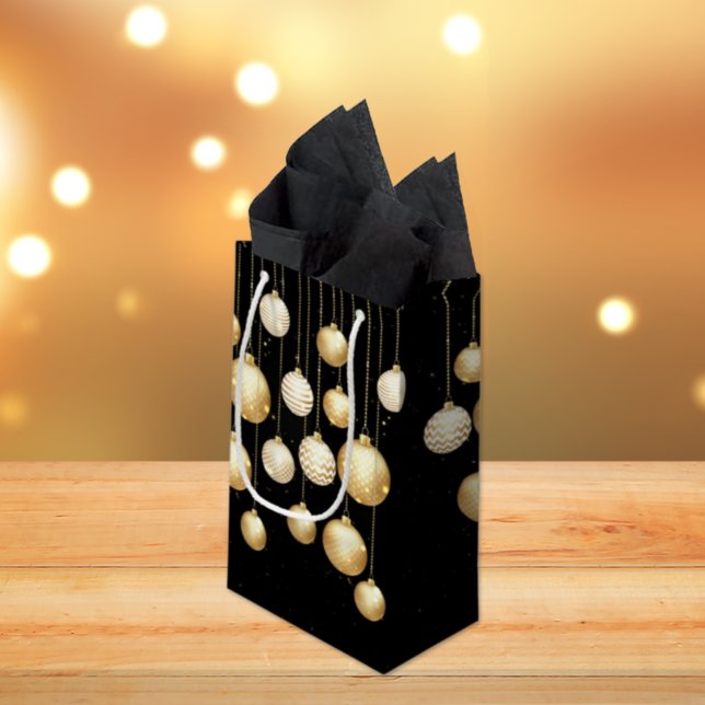 Gold Baubles Christmas Tree Ornaments on Black Small Gift Bag (Creator Uploaded)