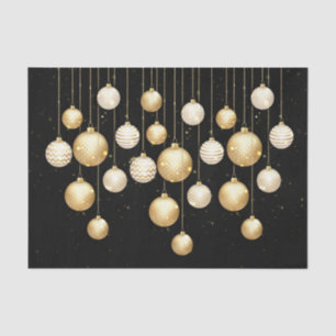 Gold Baubles Christmas Tree Ornaments on Black Tissue Paper