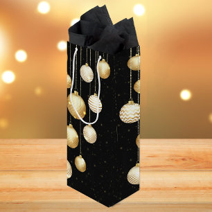 Gold Baubles Christmas Tree Ornaments on Black Wine Gift Bag