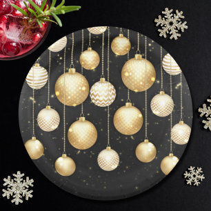 Gold Baubles Christmas Tree Ornaments Party Paper Plate