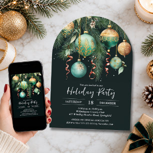 Gold Baubles Christmas Tree Party Invitation