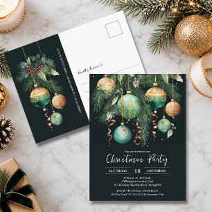 Gold Baubles Christmas Tree Party Invitation Postcard