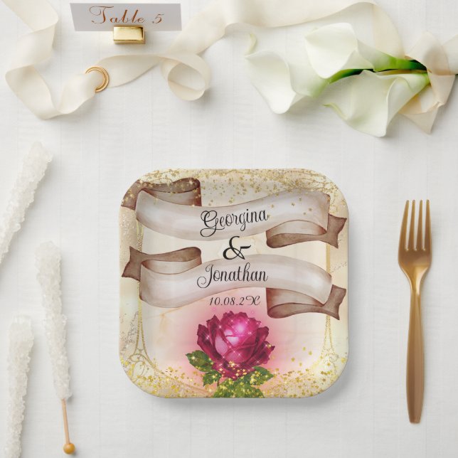 Gold Beauty and the Beast Fairy Tale Wedding Paper Plate (Wedding)