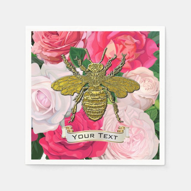 Gold Bee and Roses Personalise  Napkin (Front)