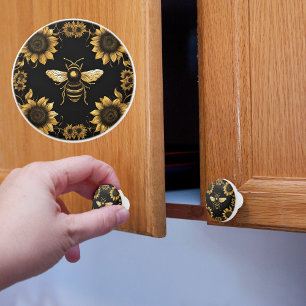 Gold Bee and Sunflowers Ceramic Knob