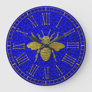 Gold Bee Blue Rococo Pattern Large Clock