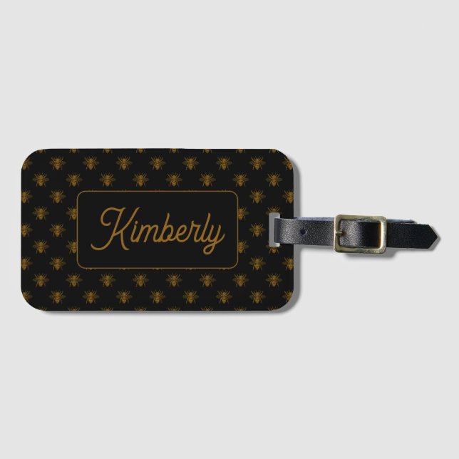 Gold Bee Custom Name Monogram Design Luggage Tag (Front Horizontal)