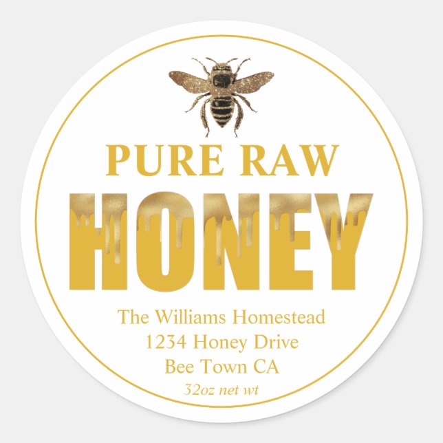 Gold Bee Honey Jar Label Honey Bee & Apiary Name (Front)