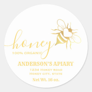 Gold bee logo script honey jar classic round sticker