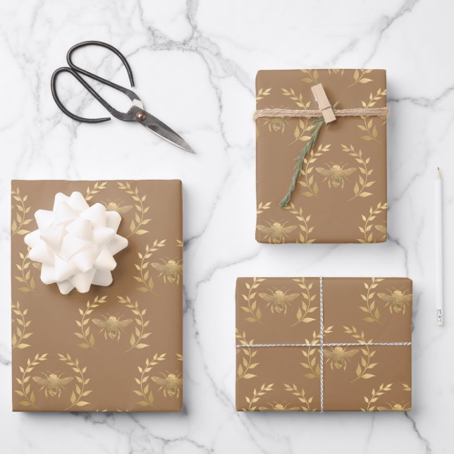 Gold Bee On Light Brown Wrapping Paper Sheet (Front)