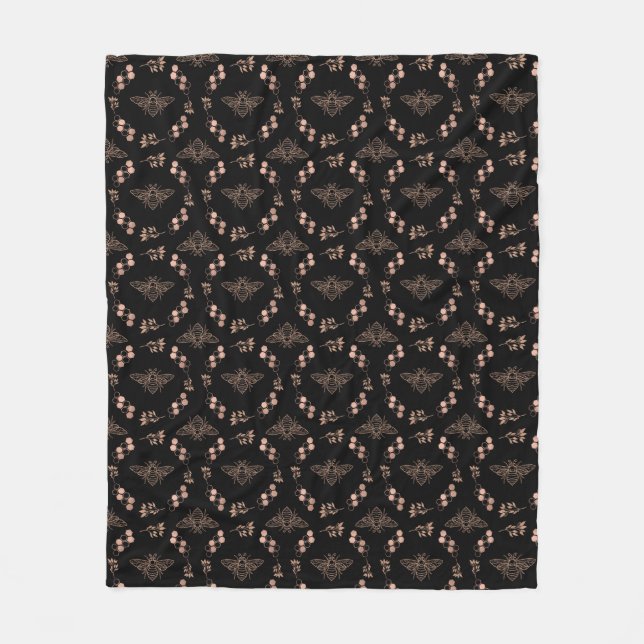 Gold Bees and Hives in Black Fleece Blanket (Front)