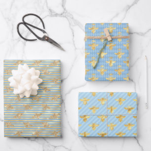 Gold Bees On Blue and Gold Wrapping Paper Sheet