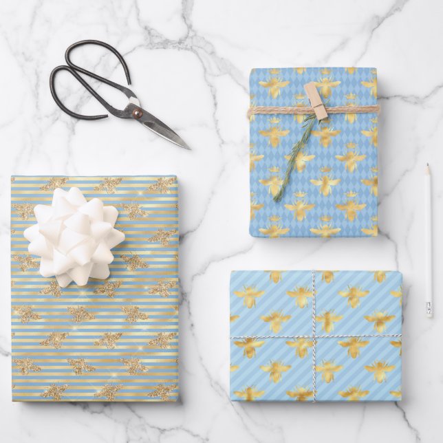 Gold Bees On Blue and Gold Wrapping Paper Sheet (Front)
