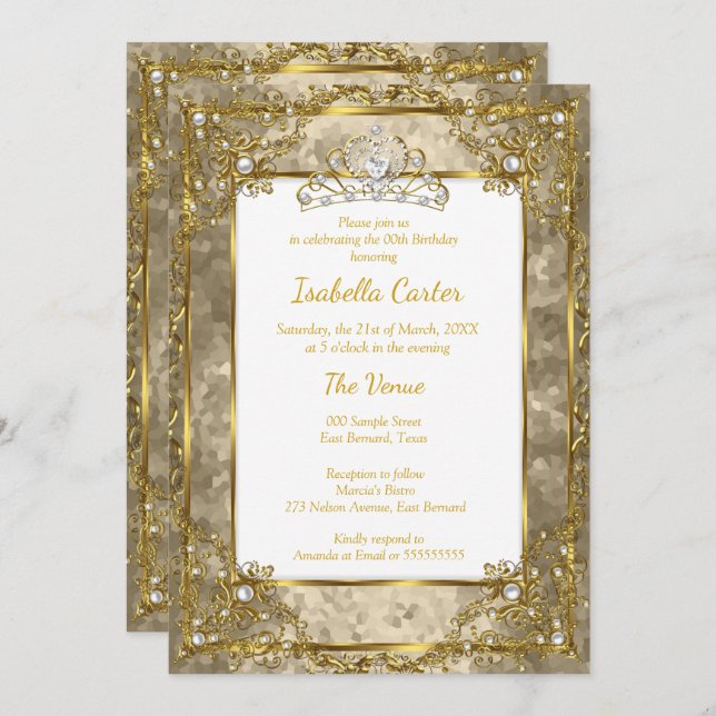 Gold Beige Birthday Party Gold White Tiara Invitation (Front/Back)